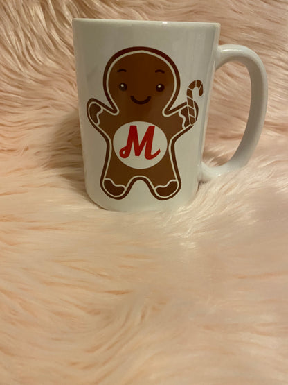 Gingerbread holiday 15 oz mug with personalized initial