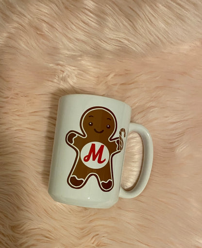 Gingerbread holiday 15 oz mug with personalized initial