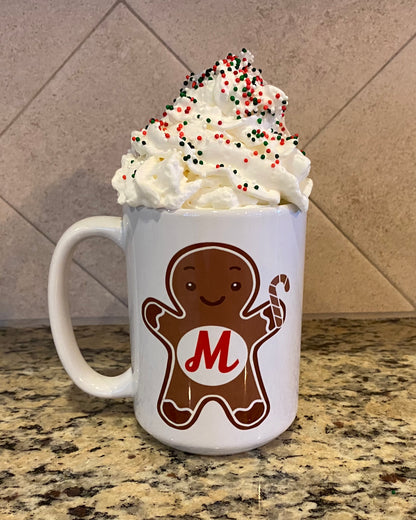 Gingerbread holiday 15 oz mug with personalized initial