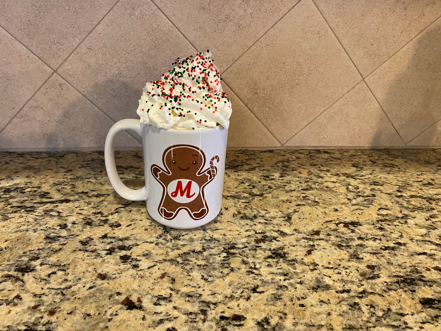 Gingerbread holiday 15 oz mug with personalized initial